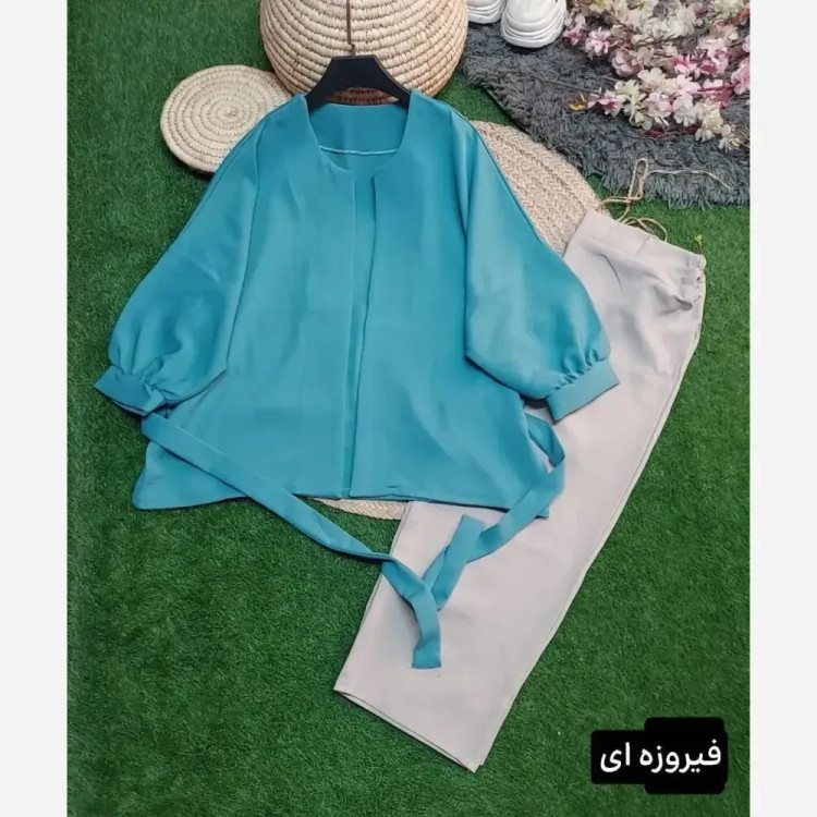 ست مانتو و شلوار زنانه جنس سوپرمازراتی درجه یک فری سایز 38 تا 46 دوخت مزونی