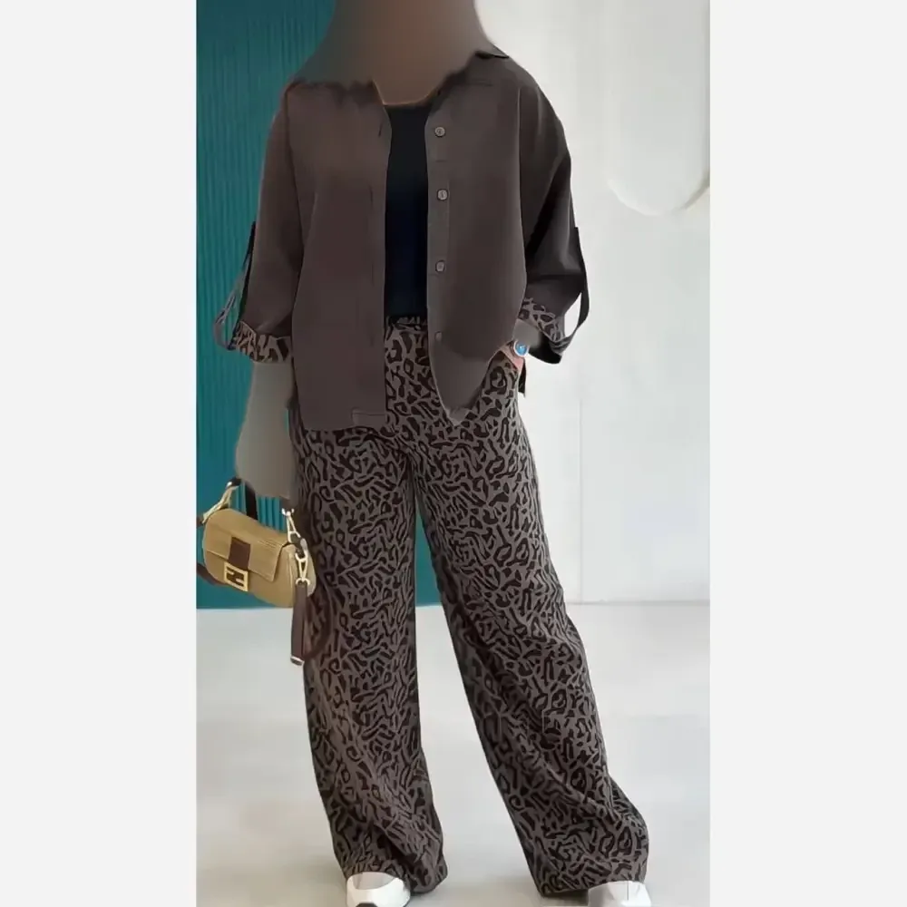 ست شومیز لینن و شلوار کتان سیلک پلنگی سایز 38 تا 46 فری