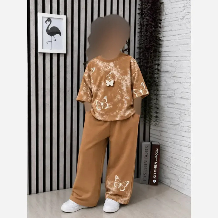 ست تیشرت شلوار دخترانه پروانه جنس پنبه یکرو لاکرادار