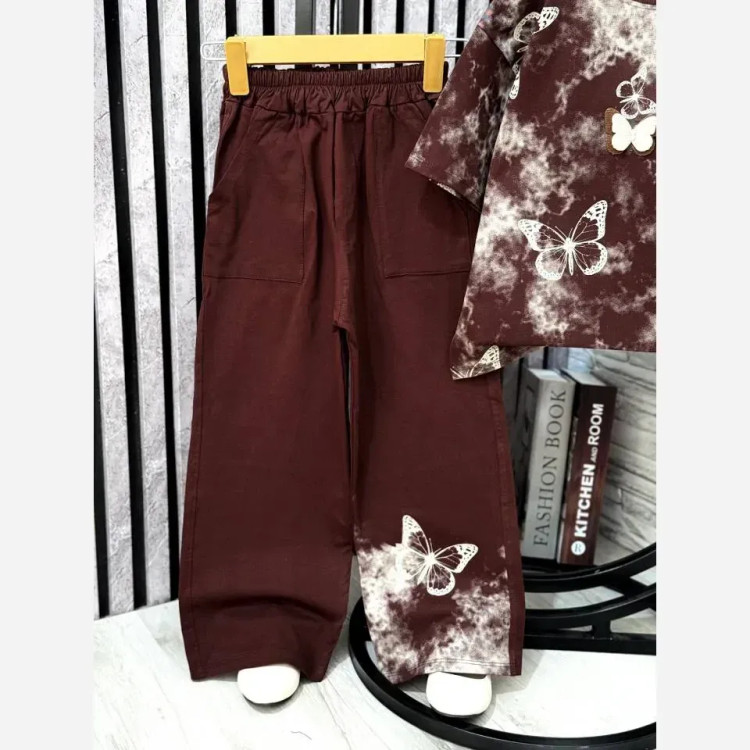 ست تیشرت شلوار دخترانه پروانه جنس پنبه یکرو لاکرادار