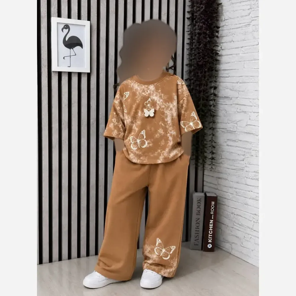 ست تیشرت شلوار دخترانه پروانه جنس پنبه یکرو لاکرادار
