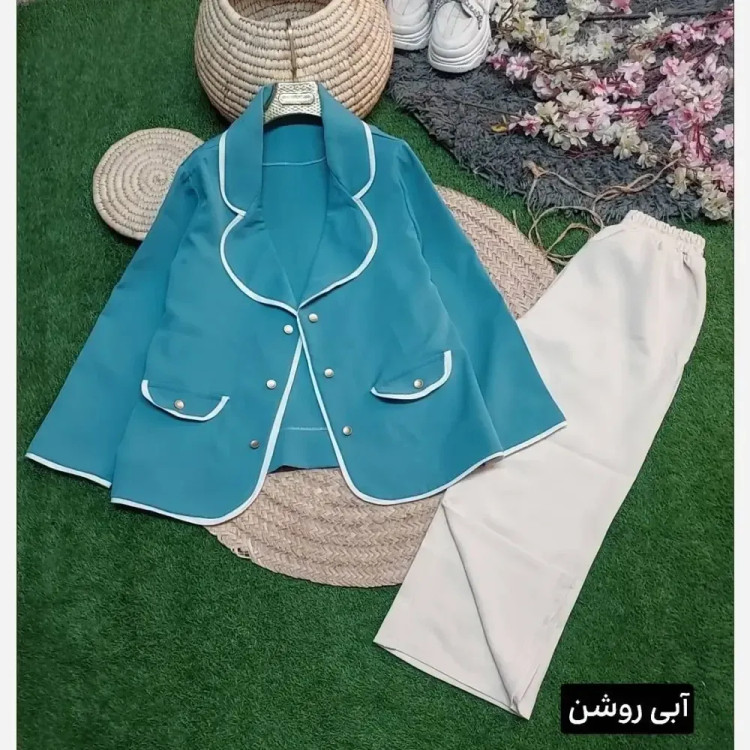 ست کت و شلوار زنانه جنس سوپرمازراتی اعلا مدل ادایی پاپیون رنگبندی متنوع سایز 38 تا 46