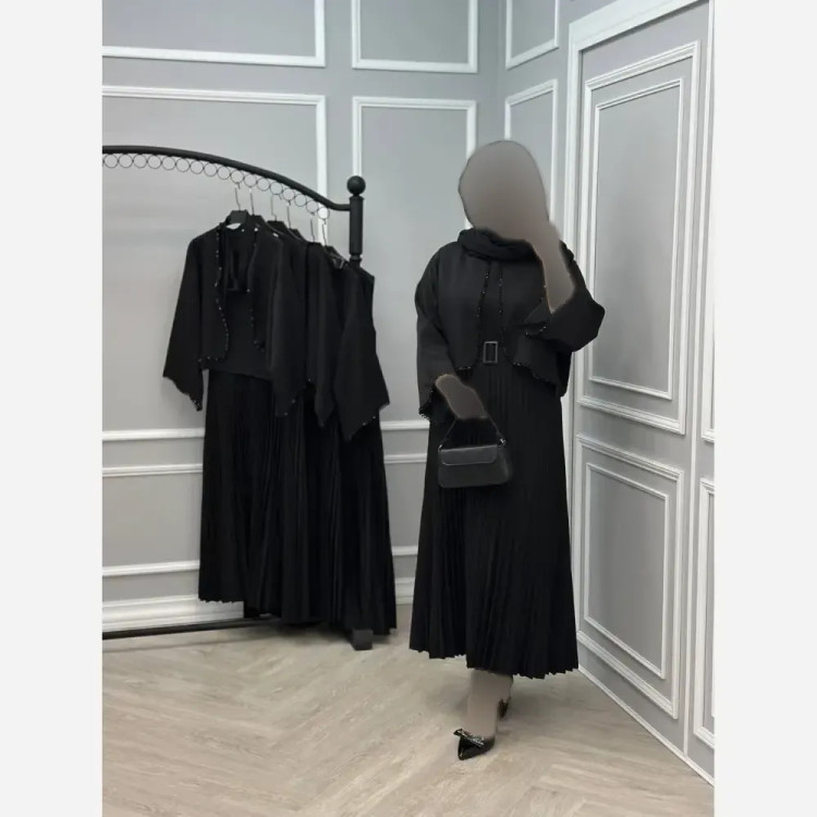 ست سه تیکه نیلسا سارافون بوگاتی کت کرپ مازراتی سنگدوزی شده مشکی فری سایز