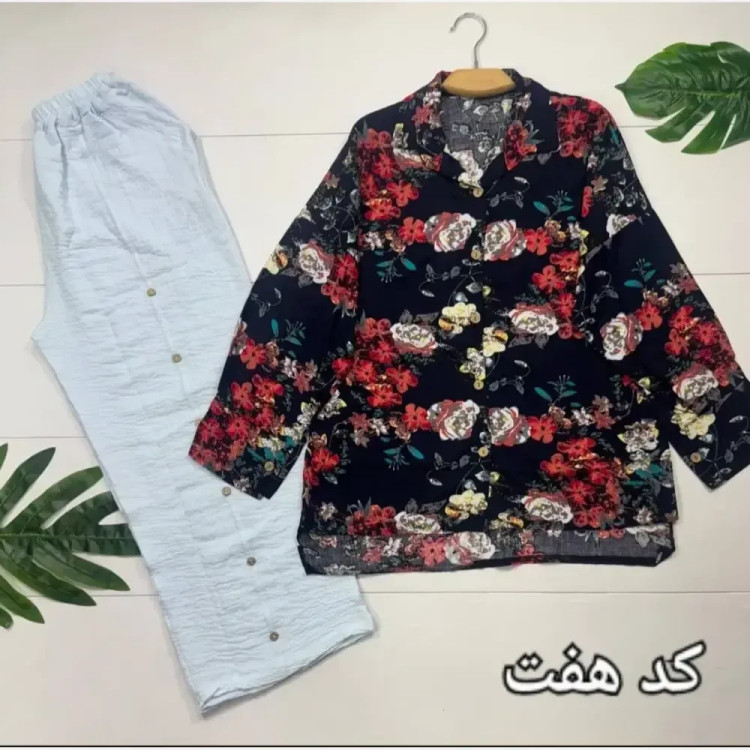 ست شومیز و شلوار نخی طرح دار قواره دار فری سایز