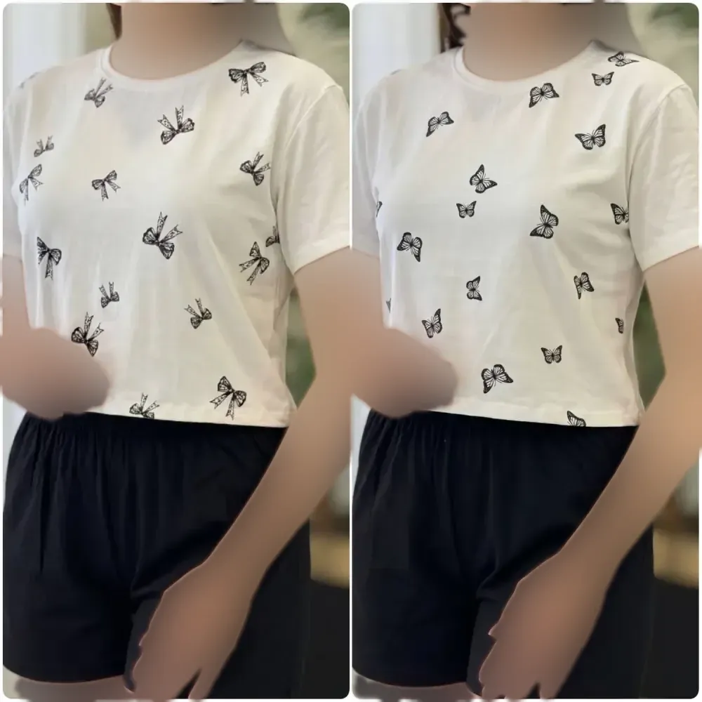ست تی شرت و شلوارک زنانه نخ پنبه درجه یک طرح پاپیون و پروانه سایز فری 36 تا 44
