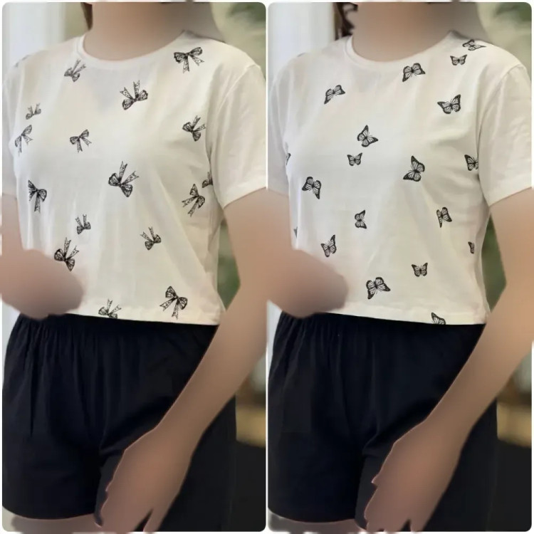 ست تی شرت و شلوارک زنانه نخ پنبه درجه یک طرح پاپیون و پروانه سایز فری 36 تا 44