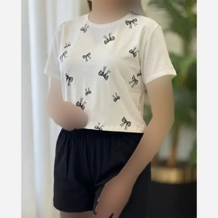 ست تی شرت و شلوارک زنانه نخ پنبه درجه یک طرح پاپیون و پروانه سایز فری 36 تا 44