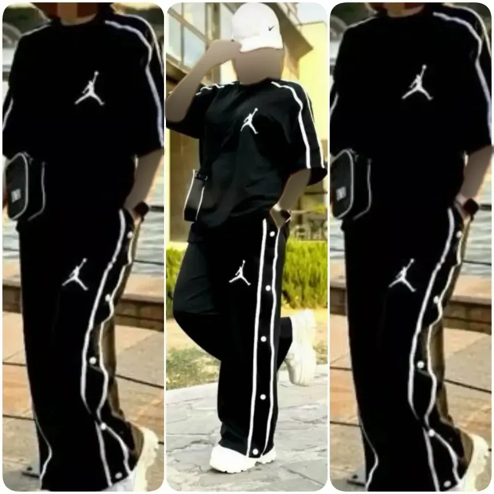 ست لباس راحتی زنانه تیشرت و شلوار جردن آستین کوتاه جنس سوپر اسپان رنگ مشکی سایز فری 38 تا 48