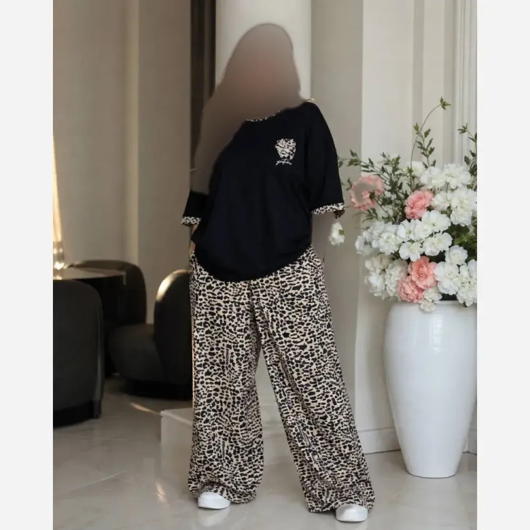 ست تیشرت شلوار پلنگی گلکسی پنبه درجه یک زنانه فری سایز مشکی قهوهای کرم