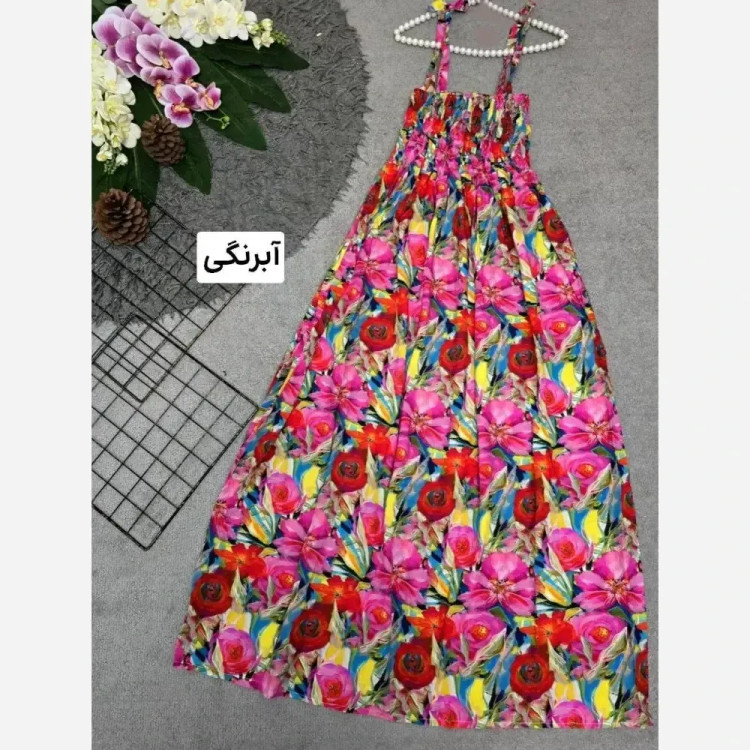 پیراهن نخی کش دوزی شده زنانه فری سایز قد 130