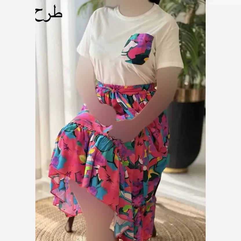ست لباس زنانه تیشرت پنبه درجه یک و دامن تمام نخ فری سایز