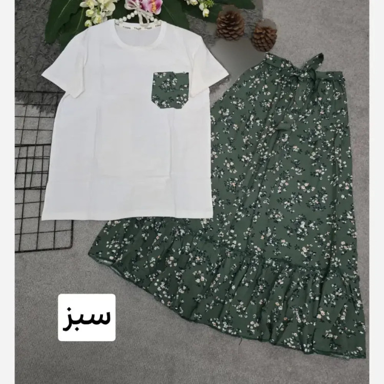 ست لباس زنانه تیشرت پنبه درجه یک و دامن تمام نخ فری سایز