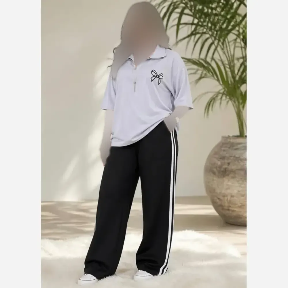 ست دو تیکه تیشرت یقه زیپ و شلوار بگ جیب دار گلکسی نخ پنبه اعلاء فری سایز تا 48