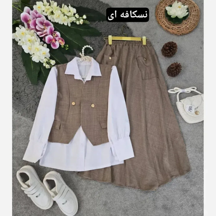 سه تیکه شومیز جلیقه و دامن مدل ژینا جنس شانتون فری سایز