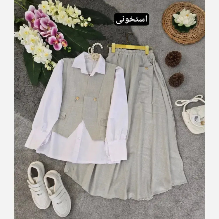 سه تیکه شومیز جلیقه و دامن مدل ژینا جنس شانتون فری سایز