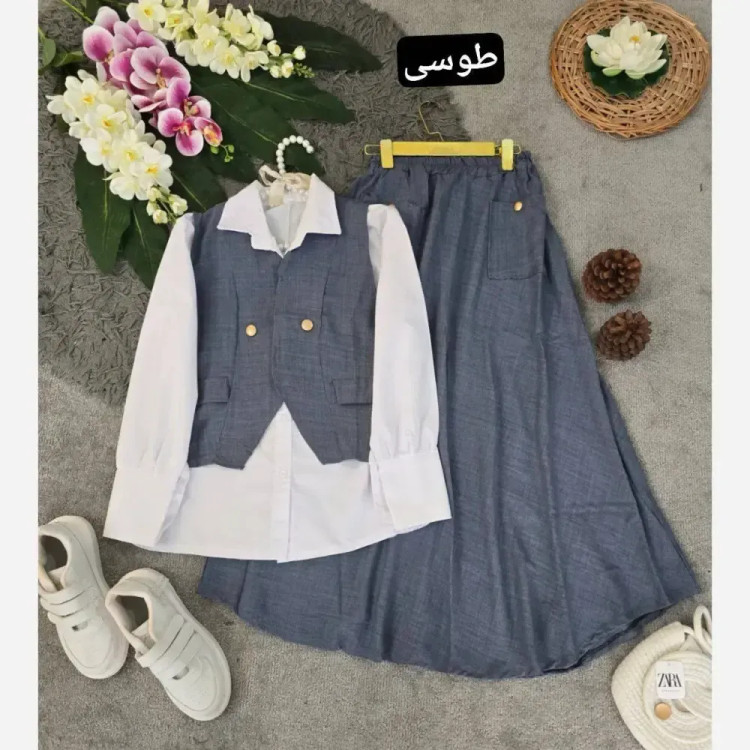 سه تیکه شومیز جلیقه و دامن مدل ژینا جنس شانتون فری سایز