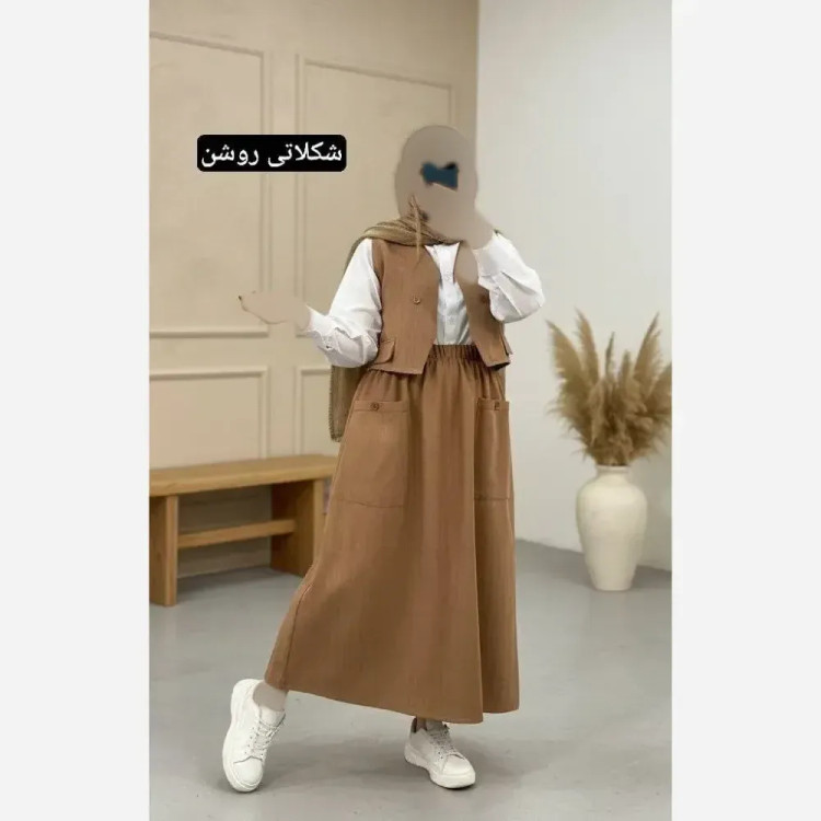 سه تیکه شومیز جلیقه و دامن مدل ژینا جنس شانتون فری سایز