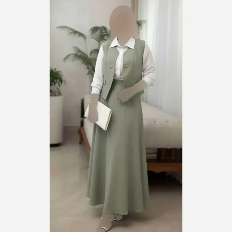 سه تیکه شومیز جلیقه و دامن مدل ژینا جنس شانتون فری سایز
