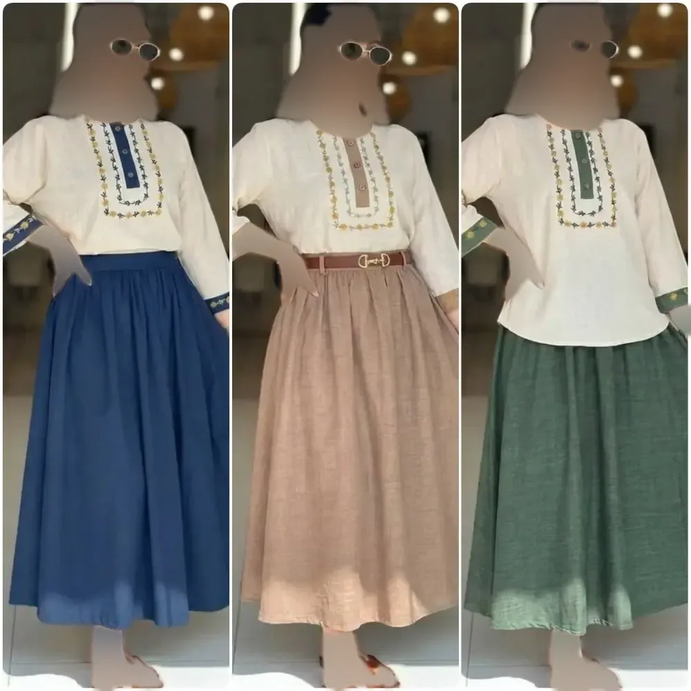 ست شومیز و دامن ژیوا لن و شانتون سایز فری مناسب 38 تا 46 رنگ مشکی کرم سبز آبی
