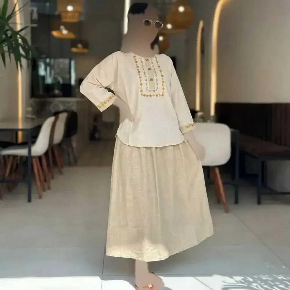 ست شومیز و دامن ژیوا لن و شانتون سایز فری مناسب 38 تا 46 رنگ مشکی کرم سبز آبی