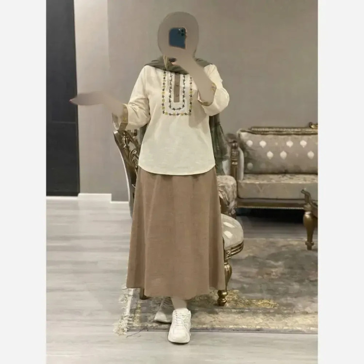 ست شومیز و دامن ژیوا لن و شانتون سایز فری مناسب 38 تا 46 رنگ مشکی کرم سبز آبی