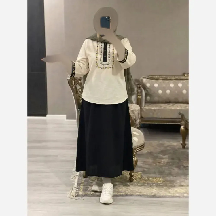 ست شومیز و دامن ژیوا لن و شانتون سایز فری مناسب 38 تا 46 رنگ مشکی کرم سبز آبی