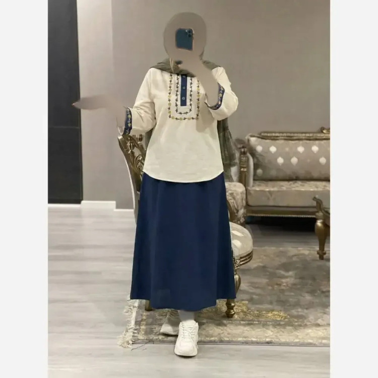 ست شومیز و دامن ژیوا لن و شانتون سایز فری مناسب 38 تا 46 رنگ مشکی کرم سبز آبی