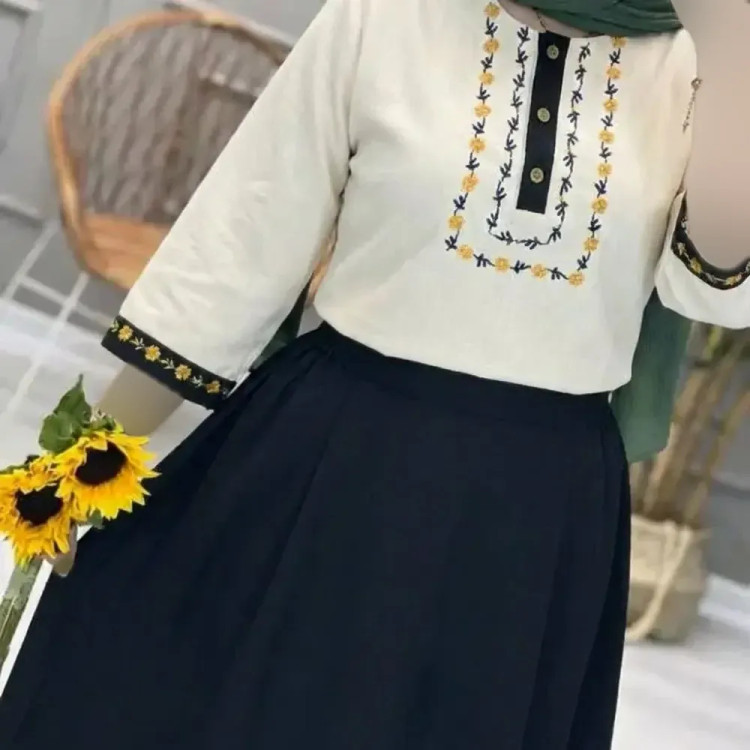 ست شومیز و دامن ژیوا لن و شانتون سایز فری مناسب 38 تا 46 رنگ مشکی کرم سبز آبی