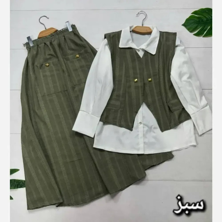 سه تیکه ژینا جنس شانتون و شومیز داکرون فری سایز 38 تا 46