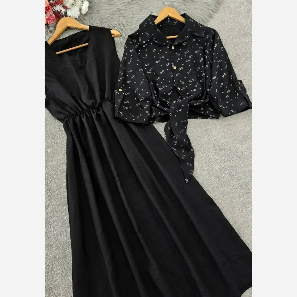 ست شومیز گره ای و سارافون نازنین فری سایز