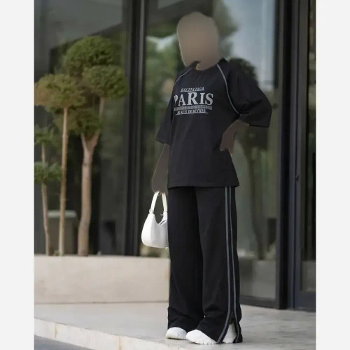 ست مانتو شلوار زنانه مدل پاریس جنس شانتون کبریتی رنگ مشکی فری سایز