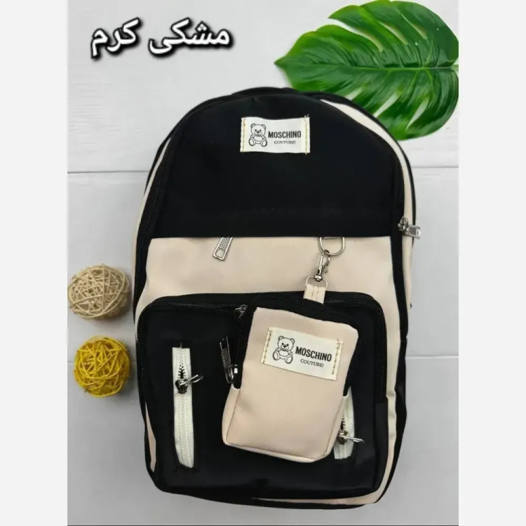 کوله زرین دیبا ضد آب 3 زیپ جای قمقمه مشکی کرم 40*28 سانت