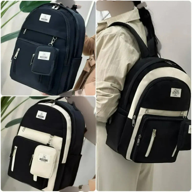 کوله زرین دیبا ضد آب 3 زیپ جای قمقمه مشکی کرم 40*28 سانت