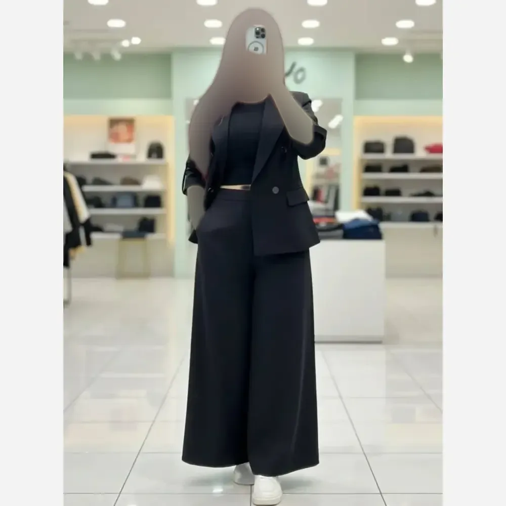 ست کت و شلوار زنانه جنس سوپر مازراتی رنگ مشکی و دودی سایز فری 38 تا 46