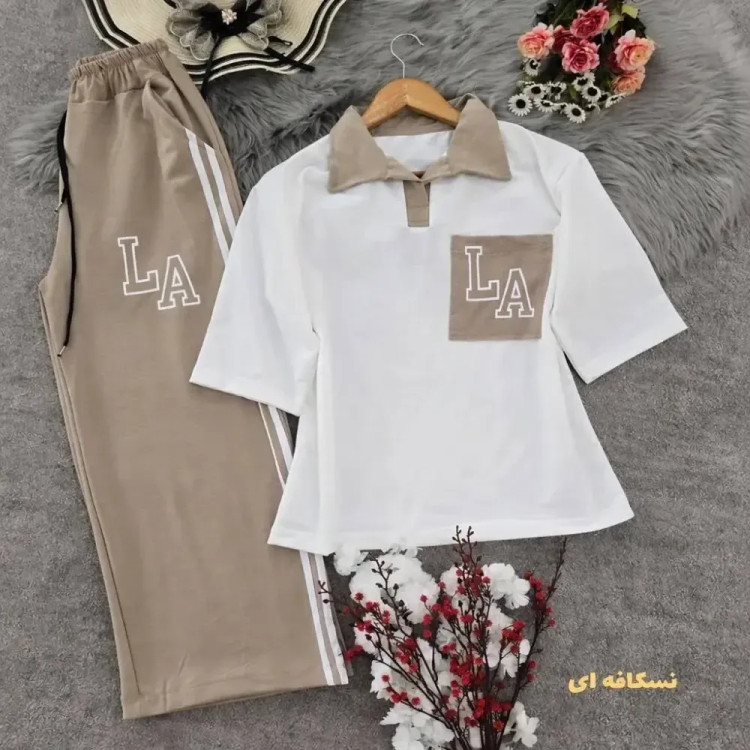 ست تیشرت شلوار زنانه نخ پنبه طرح ال ای LA فری سایز