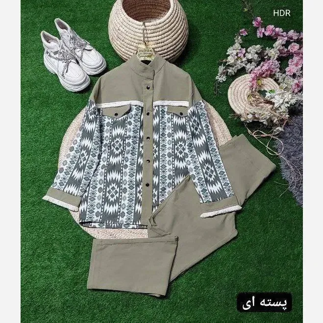 ست کیهان زنانه کتان کشی آستردار پسته ای فری سایز 38 تا 46