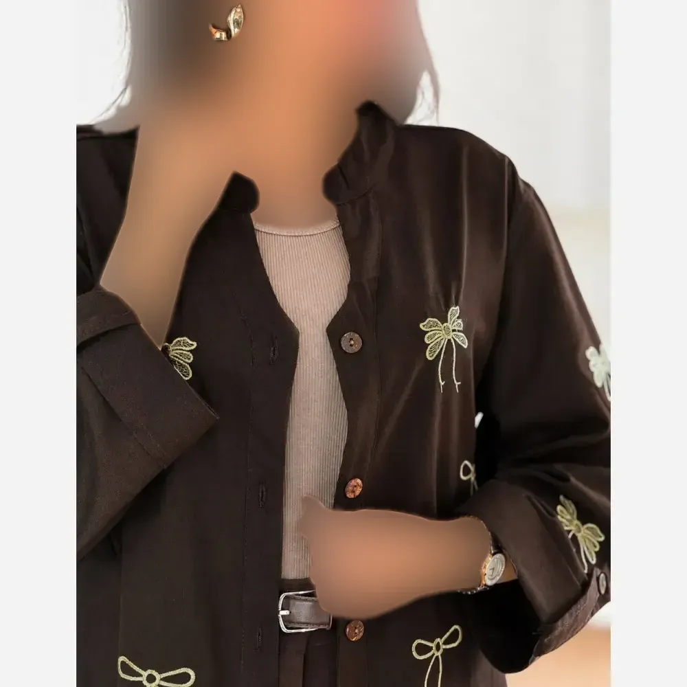 مانتو کتان چیترا گلدوزی شده پاپیون دار جنس کتان پنبه وارداتی ترک فری سایز