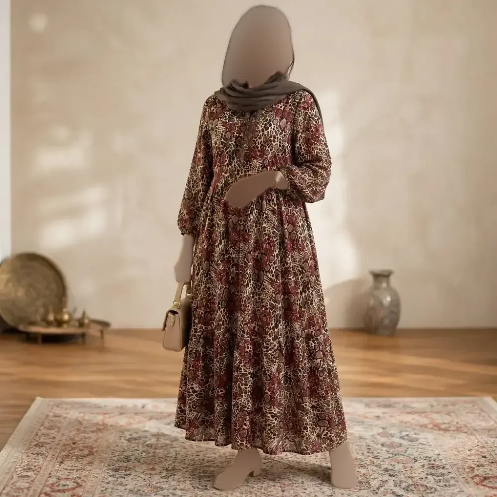 پیراهن پلنگی رنگی فلور نخ بوگاتی فری سایز 38-48 قد 135 دور سینه 110