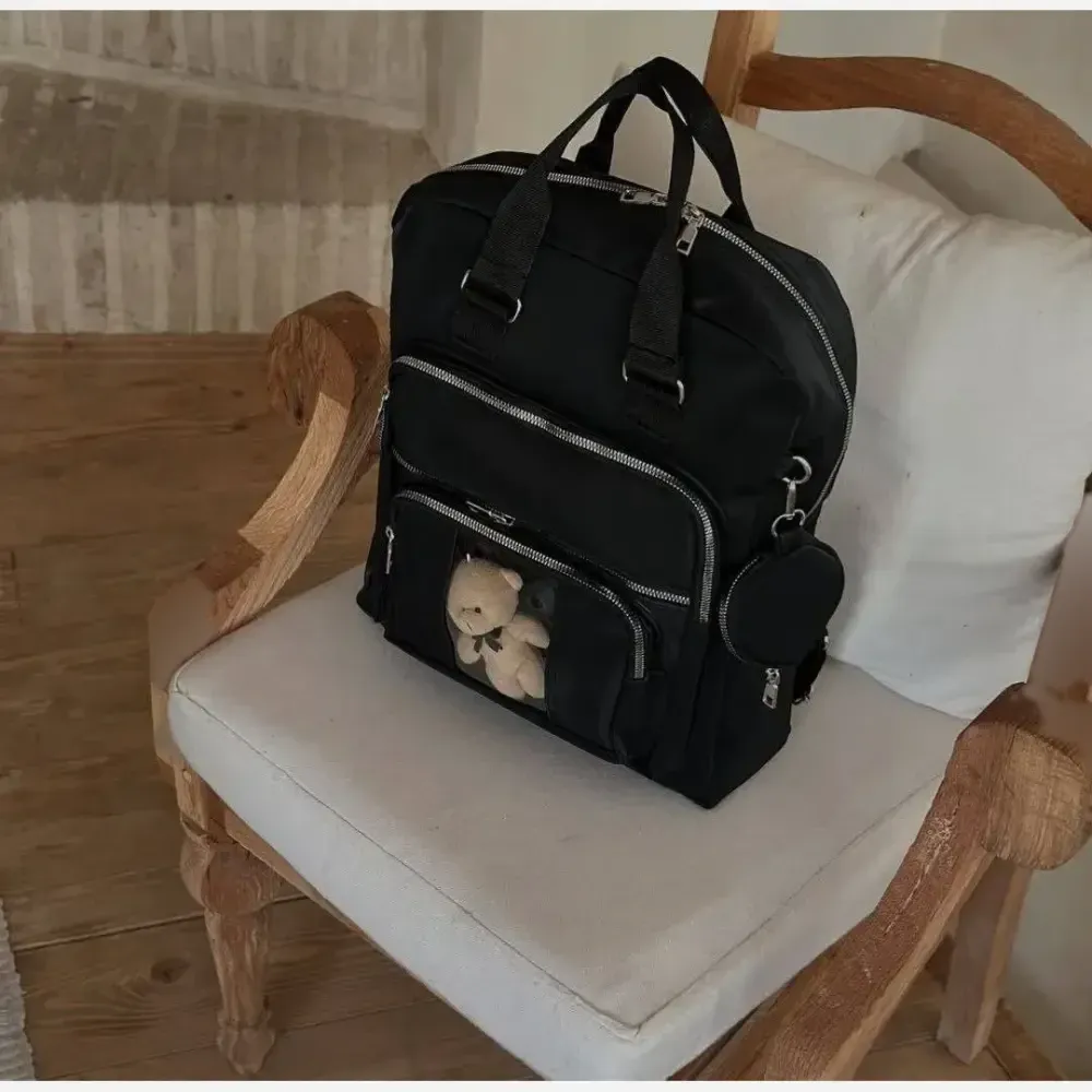 کیف دانشجویی عروسکی دخترانه ضد آب مشکی بند کوله دار جا دار