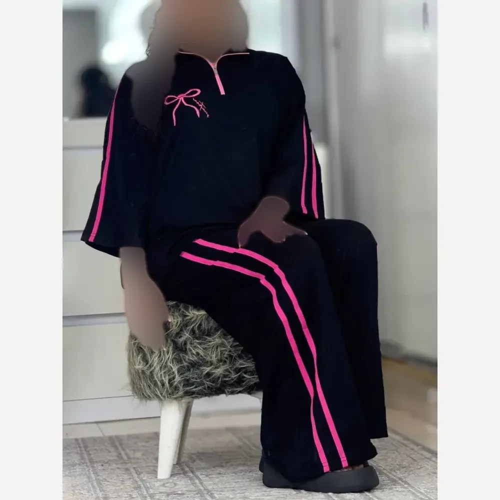 ست تیشرت و شلوار زنانه ژاله نخ پنبه فری سایز بیرون پوش سفید مشکی صورتی مشکی