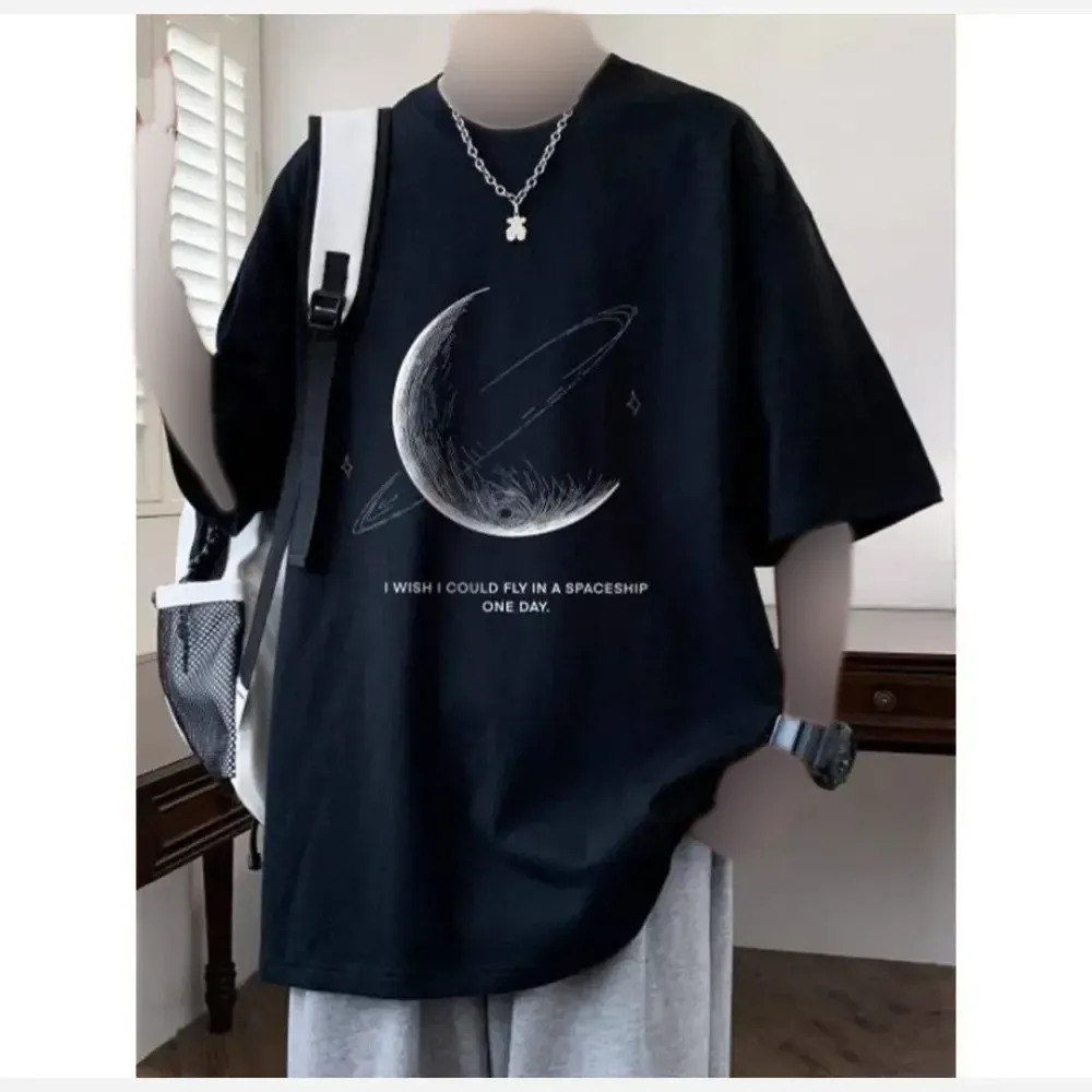 تیشرت لش نخ پنبه مشکی طرح ماه فری سایز