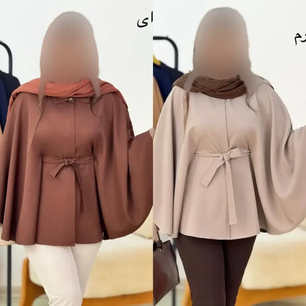 کت مازراتی زنانه مدل زیبا کمربنددار رنگ کرم و موکا فری سایز