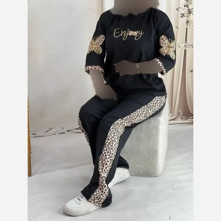 ست تیشرت شلوار پنبه گلکسی طرح پلنگی مدل enjoy سایز فری
