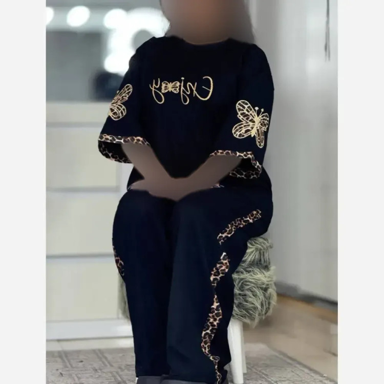 ست تیشرت شلوار پنبه گلکسی طرح پلنگی مدل enjoy سایز فری