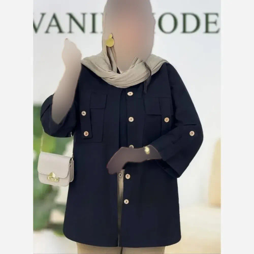 شومیز مانتویی جیب صلیبی جنس شانتون زیپی مشکی سایز 38 تا 46