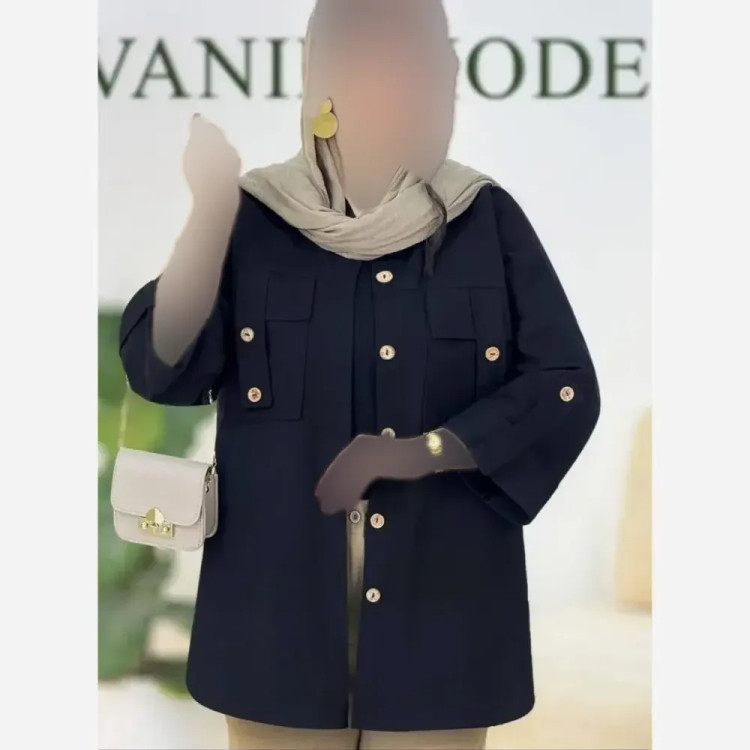 شومیز مانتویی جیب صلیبی جنس شانتون زیپی مشکی سایز 38 تا 46
