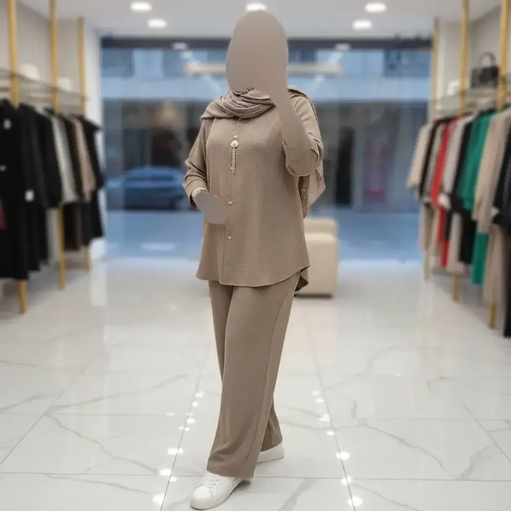 ست مانتو شلوار بسکوییتی مراکشی فری سایز زنانه در رنگبندی سبزیشمی، خاکستری و کاراملی