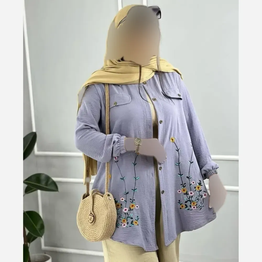 شومیز مانتویی ساناز گلدوزی شده جنس شانتون قد بلند زنانه در رنگبندی کرم، طوسی، سبز سدری سایز یک و دو