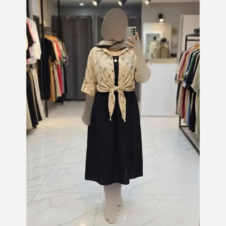 ست شومیز گره ای و سارافون شایلی جنس شانتون فری سایز رنگ نسکافه ای مشکی کرم مشکی