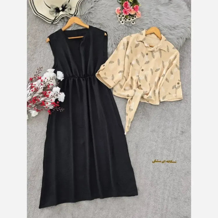 ست شومیز گره ای و سارافون شایلی جنس شانتون فری سایز رنگ نسکافه ای مشکی کرم مشکی